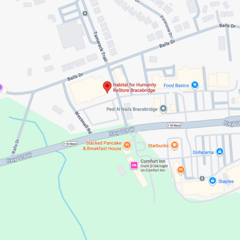 Habitat for Humanity Huntsville ReStore map showing Bracebrige Ontario location